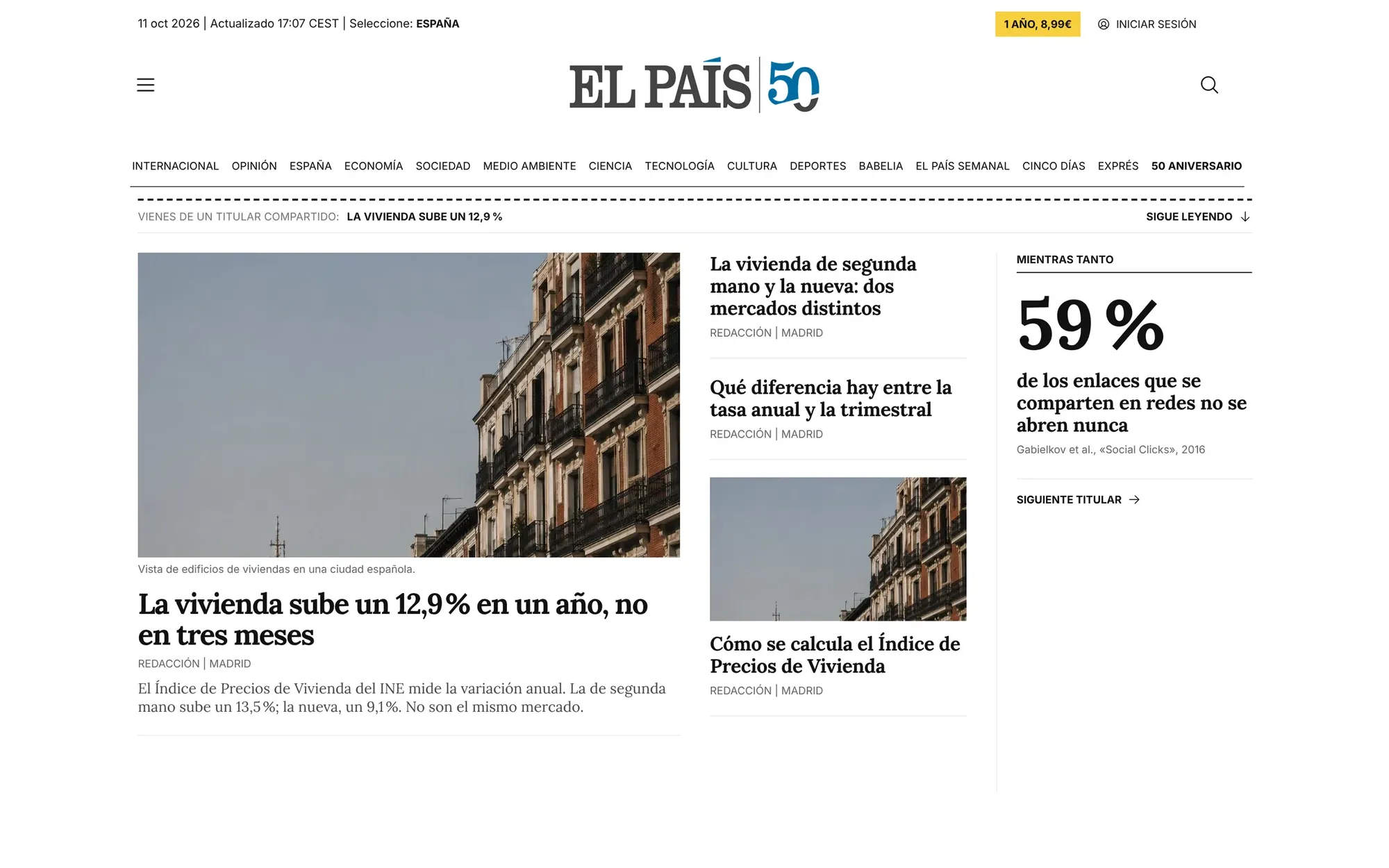 Portada de elpais.com con el aviso de llegada desde un titular compartido