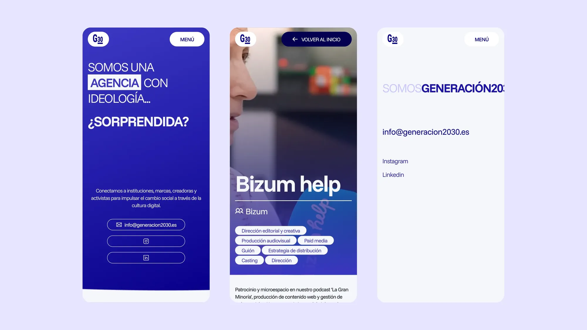 Home, proyecto y contacto en móvil