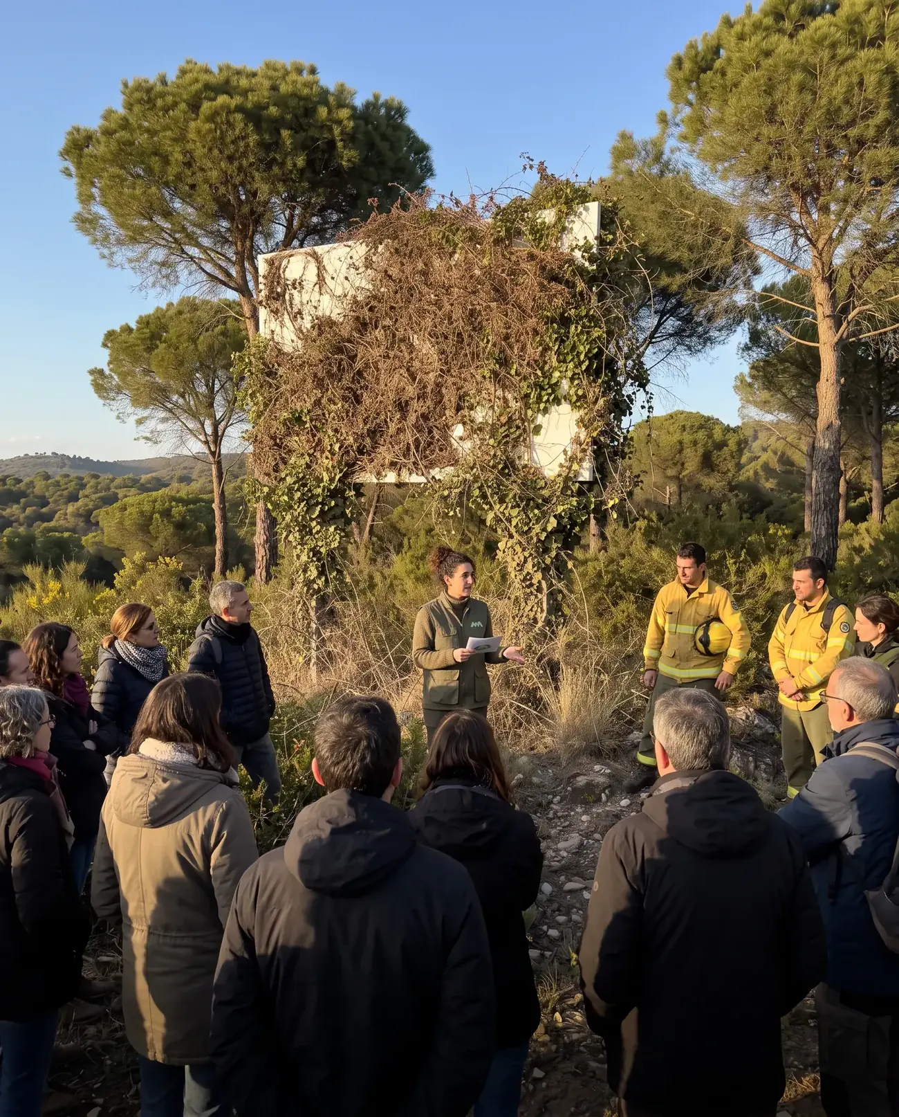 Charla con bomberos forestales frente a la valla